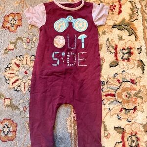 Rags to Raches Burgundy One-Piece Romper with Pink Sleeves and Blue Graphic